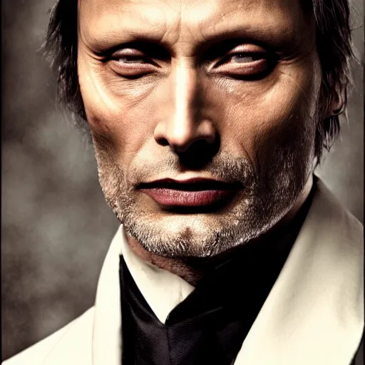 Image similar to mads mikkelsen as a vampire, male, late - 4 0 s aged, shoulder length, slicked black hair, red eyes, clean shaven, wearing a cape, regal, royal, grim facial expression, high medieval fantasy, full color digital art, cinematic shot, full body shot.