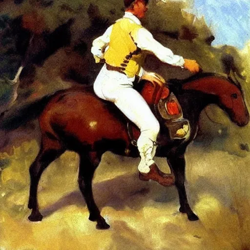 Image similar to painting of racoon riding a horse, John Singer Sargent style