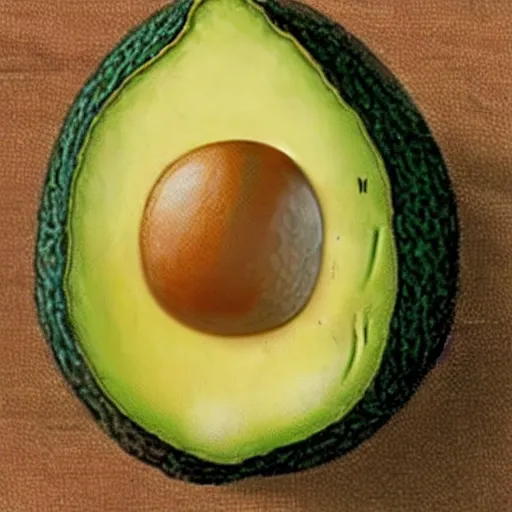 Image similar to bob ross as an embryo inside an avocado