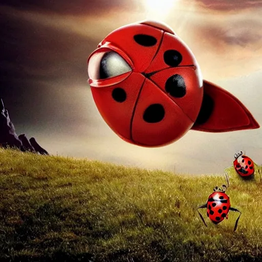 Image similar to promotional movie still, ladybugs, ladybug quadruped with big piercing eyes, ladybug hobbits, ladybug robots, space western, the fellowship of the ring ( film )