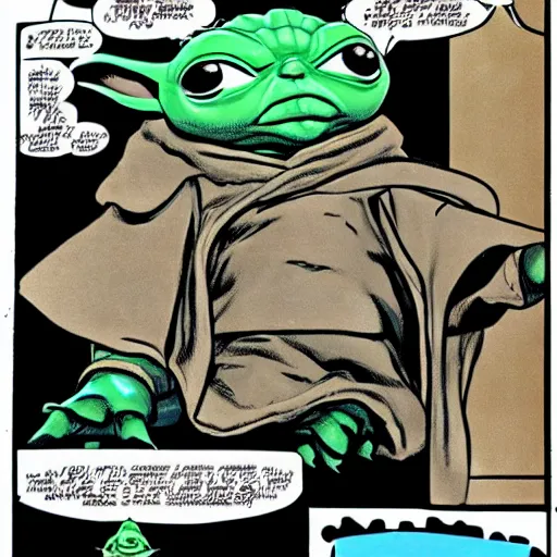 Prompt: baby yoda reading a Cyberfrog comicbook