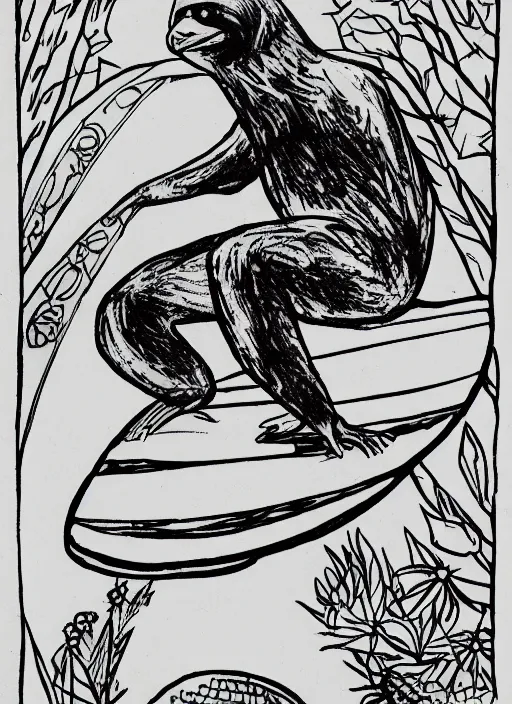 Prompt: beautiful cartoon professional drawing black ink of sloth riding surfboard