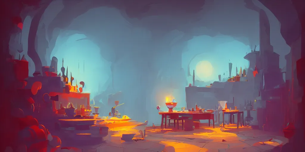 Image similar to 'weird perspective'!!!!!!!!! epic illustration of a kitchen dim lit by 1 candle in a scenic environment by Anton Fadeev