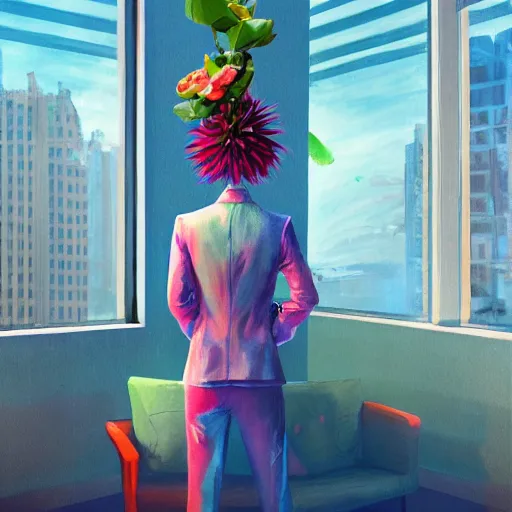 Image similar to huge dahlie flower head, woman in suit, standing by modern window in luxury apartment, surreal photography, sunlight, impressionist painting, digital painting, artstation, simon stalenhag