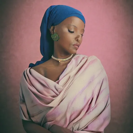 Image similar to studio photography, portrait image, somali woman, beautiful, vintage, dreamy, happy, pastel