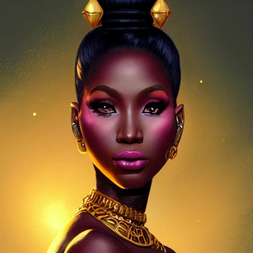 Image similar to portrait of nicki minaj, dark skin, gold jewelry, african princess, art by pete mohrbacher and guweiz and ilya kuvshinov, digital art, highly detailed, intricate, sharp focus, trending on artstation hq, deviantart, unreal engine 5, 4 k uhd image