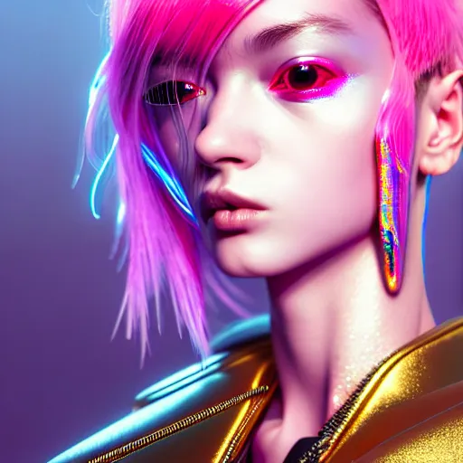 Image similar to hyperdetailed close portrait of a stunningly beautiful pink cyberpunk cute european girl made of metals and shiny iridescent gems, dark rainbow nimbus, gold necklace, puffer jacket, inspired by ross tran and masamune shirow and kuvshinov, intricate, photorealistic, octane render, rtx, hdr, unreal engine, dnd digital art by artgerm