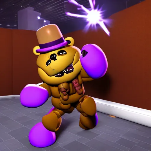 Image similar to Freddy Fazbear punching a purple security guard, HD, 4k image, realistic