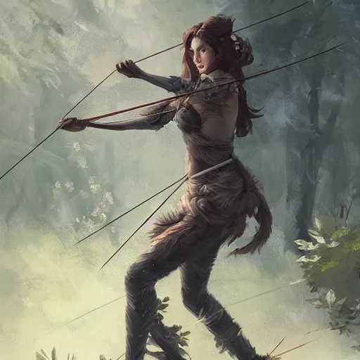 Image similar to fantasy art of a female forest archer in the style of greg rutkowski