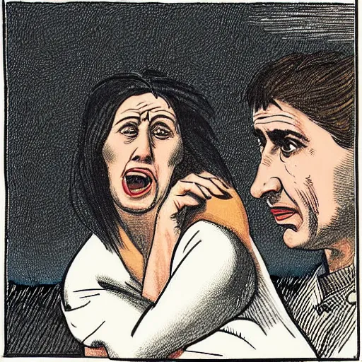 Prompt: illustration of sicilian woman angry at her husband