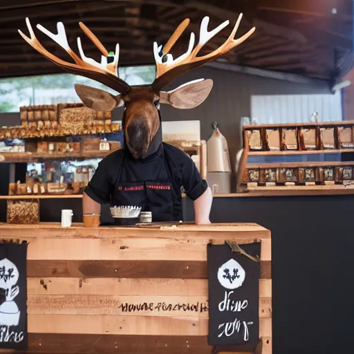 Prompt: a moose with maple leaf antlers selling coffee at a stand, realistic, 8 k