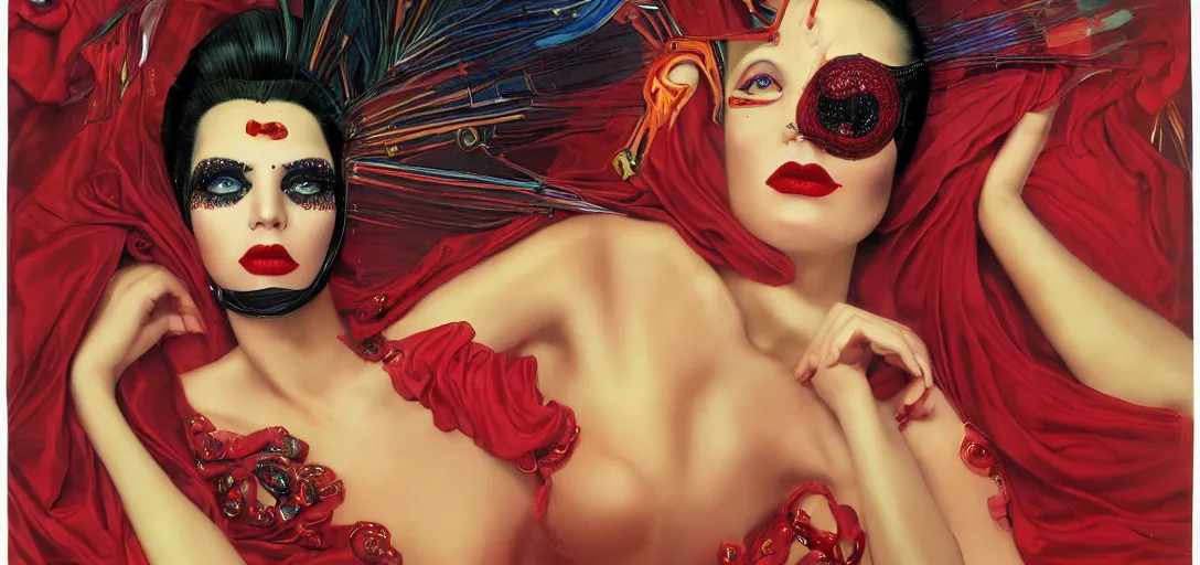 Prompt: an 8 0 s portrait of a woman with dark eye - shadow and red lips with dark slicked back hair with a beaded curtain mask dreaming acid - fueled hallucinations by serge lutens, rolf armstrong, delphin enjolras, peter elson, flat surreal psychedelic colors, background of classic red cloth