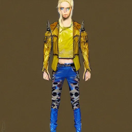 Image similar to elven male, shaggy blonde hair. Wearing modern yellow leather jacket and blue camo pants. Modern, concept art