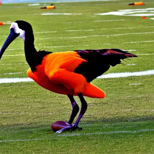 Prompt: a wideshot photo of an ibis playing american football, wearing orange and green colored jersey, with a gold chain on it's neck