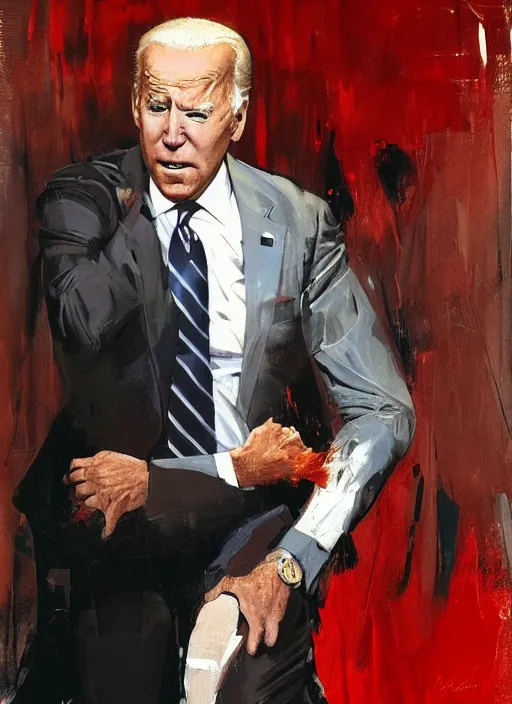 Image similar to joe biden shitting on toilet!!!!!!!!!!!!!!!!!! straining, red face, uh oh!, painting by phil hale, fransico goya,'action lines '!!!, graphic style, visible brushstrokes, motion blur, blurry, visible paint texture, crisp hd image