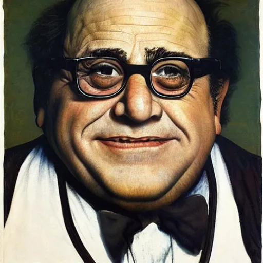 Image similar to Frontal portrait of Danny DeVito. A portrait by Norman Rockwell.