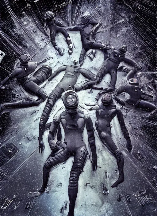 Image similar to polaroid astronauts in dark and empty void underwater - complex and hyperdetailed technical suit. reflection and dispersion materials. rays and dispersion of light. volumetric light. 5 0 mm, f / 3 2. noise film photo. flash photography. ultra realistic, wide angle. poster by wayne barlowe, hajime sorayama aaron horkey, craig mullins