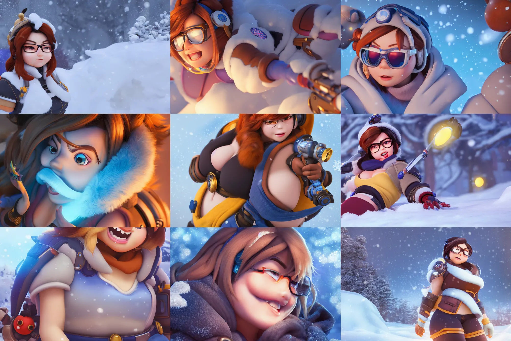 Image similar to hyperdetailed mei from overwatch as a disney pixar character, hd texture, beautiful 3D render, 8k, octane render, soft lighting, hyperrealistic, in the snow, sharp focus, golden hour, specularity, Mei-Ling Zhou