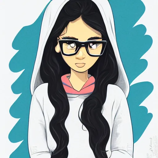 Prompt: a very beautiful girl with dark complexion, long, curly hair, stylistic oval black eyes, half - frame square glasses, grey hoodie opened, white t - shirt, white gloves, denim jeans, character art, cute, digital art, jaidenanimations, cartoon network, cel shaded - n 6