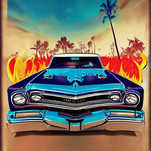 Image similar to a 1967 lowrider that has blue paint with flames on it in the style of GTA V cover art, award winning, award winning shading, hyperdetailed, trending on artstation, masterpiece