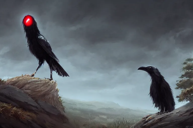 Prompt: red - eyed scary gigantic crow standing on top of a hill, looking down, cloudy sky in the background, digital painting, epic, pokemon style, earth type pokemon, smooth, trending on artstation, professional painting, made by greg rutkowski