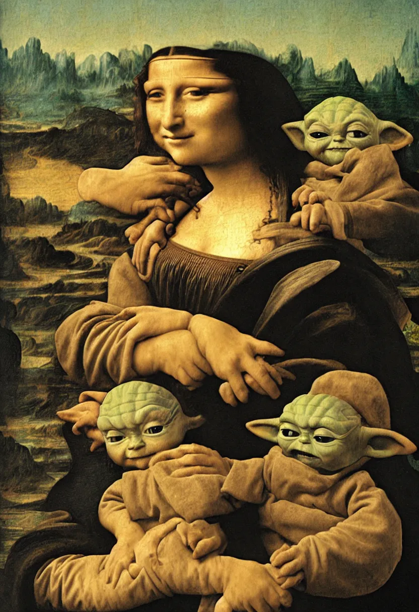 Prompt: the Mona Lisa holding Baby Yoda