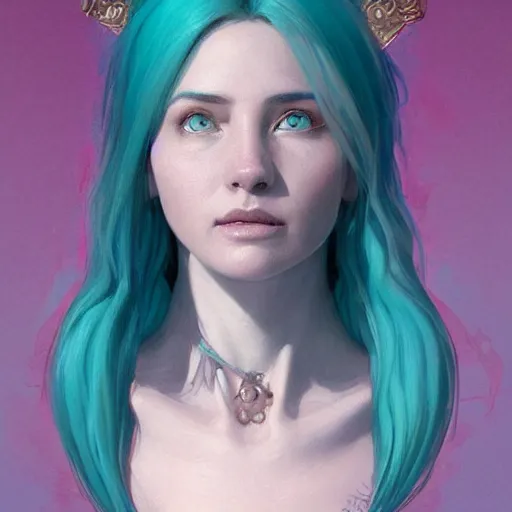 Image similar to teal haired mage bust portrait, female, glacier landscape, norway, d & d, fantasy, intricate, elegant, highly detailed, digital painting, pink and teal color palette, artstation, octane render, concept art, matte, sharp focus, illustration, herrarthstone, art by artgerm and greg rutkowski and alphonse mucha