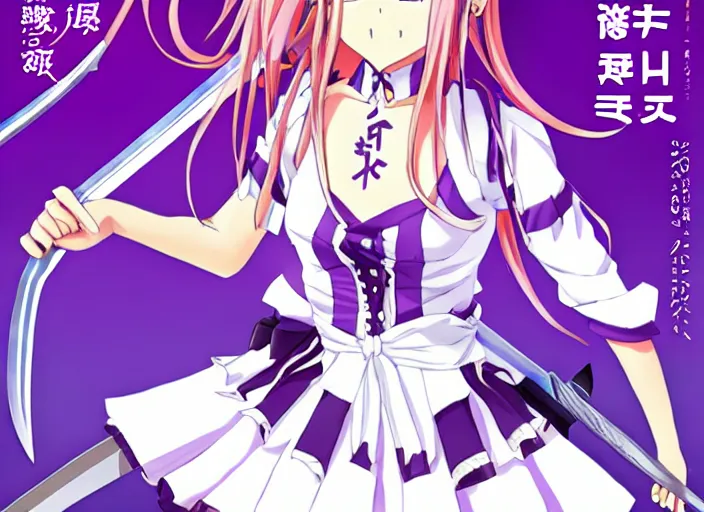 Prompt: An anime character holding a sword and wearing a purple dress. kadokawa light novel cover