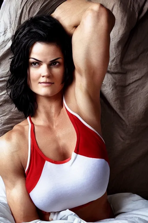Image similar to realistic photograph. warrior woman, 2 7, in her bedclothes. tight white tanktop shows strong feminine figure. loose comfortable red pajama pants. jaimie alexander. short hair, straight, ravenblack. faircomplected but tan. tall gracile, but thick ripped jacked vascular buff muscular arms and large ample female bust.