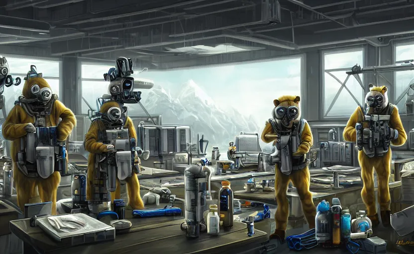 Image similar to epic scenic shot, highly detailed weapons laboratory, clean and organized, quantum technology, bright lights, warehouse, with anthropomorphic furry researchers in military uniforms and hazmat suits, carrying guns, tables, parts, gun scraps, windows, sci fi, Extremely detailed digital art, furry art, furaffinity, DeviantArt, HD artstation