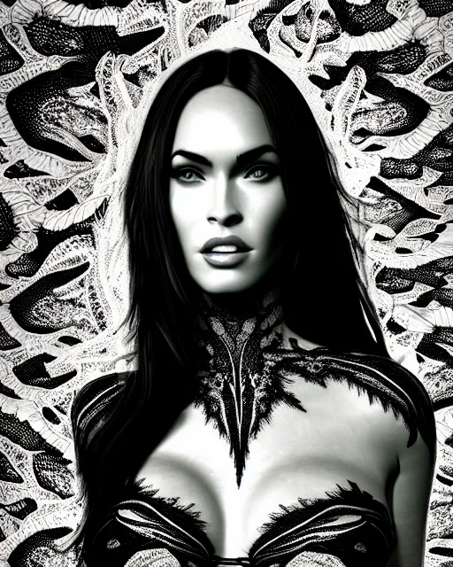 Prompt: surreal mythical dreamy artistic black and white fine art photo of megan fox - medus - cyborg covered with lace fish scales and translucent algae, highly detailed, intricate crystal ivy lace jelly fish scales ornate, poetic, octane render, 8 k, photo - realistic