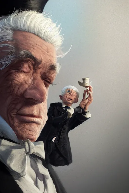 Prompt: A fancy close up of a white haired old winkled halfling wearing a suit and top hat by Greg Rutkowski, Sung Choi, Mitchell Mohrhauser, Maciej Kuciara, Johnson Ting, Maxim Verehin, Peter Konig, 8k photorealistic, cinematic lighting, HD, high details, dramatic, trending on artstation