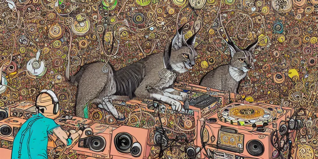 Prompt: intricate detailed artwork of a cute caracal as dj playing in Ibiza in front of thousands dancing , in the style of Geof Darrow, sunglasses, wires, speakers, neon