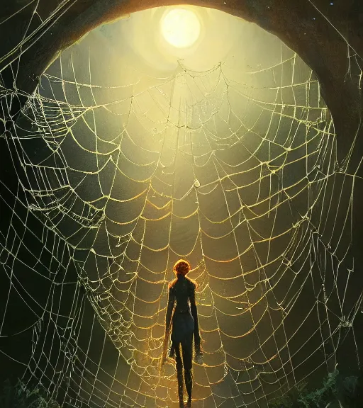 Image similar to highly detailed spiderweb, stephen bliss, unreal engine, fantasy art by greg rutkowski, loish, rhads, ferdinand knab, makoto shinkai and lois van baarle, ilya kuvshinov, rossdraws, tom bagshaw, reflective global illumination, god rays, detailed and intricate environment