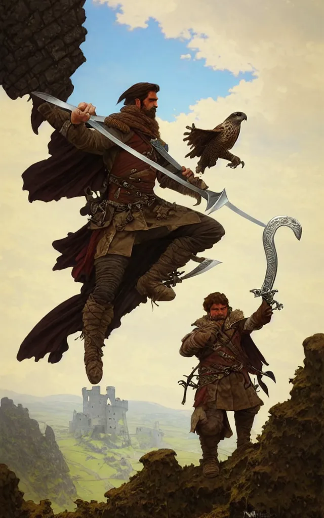 Image similar to rough middle age ranger with a falcon pet and a long sword, he is on top a cliff observing old ruins of a castle, elegant clothing, photorealistic render, matte patining, highly detailed, artstation, smooth, sharp focus, art by michael whelan, artgerm, greg rutkowski and alphonse mucha