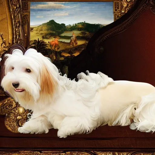 Image similar to a cream - colored havanese dog lying on top of a large plastic sequined horse, a renaissance painting in the background, photo by david lachapelle, behance, transgressive art, freakshow, official album art