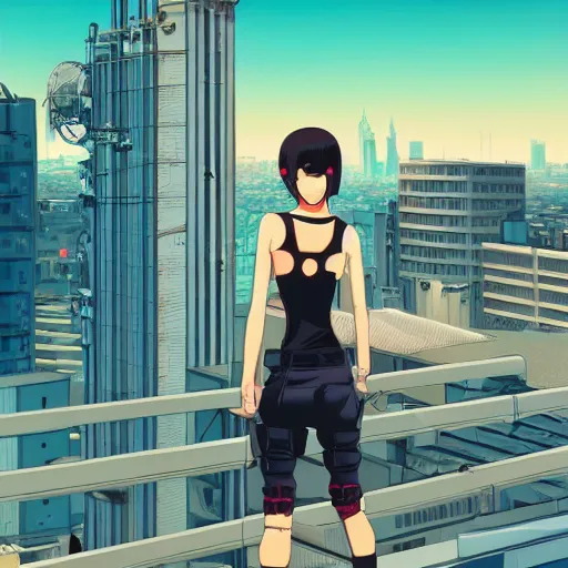 Image similar to a girl stands on top of a multi-storey building, anime style, 4k, cyberpunk city in the background, very detailed, by Ilya Kuvshinov