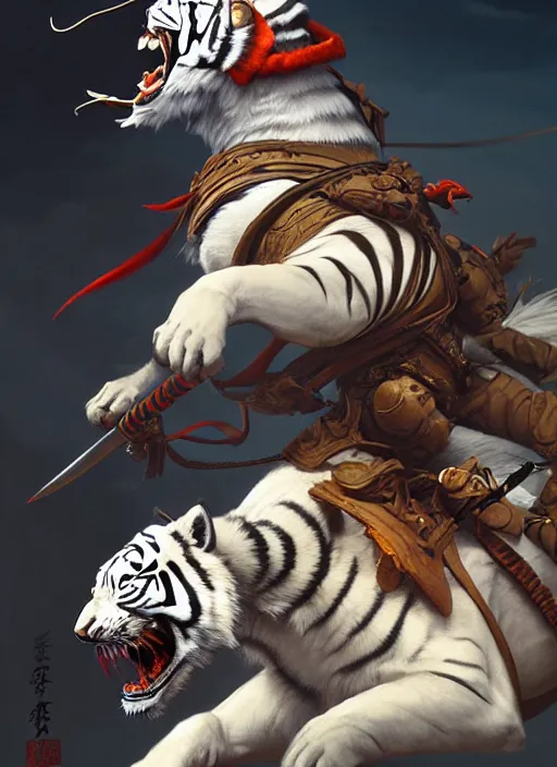 Image similar to samurai riding on a white tiger, subsurface scattering, by jesper ejsing, justin gerard, tomasz alen kopera, cgsociety and fenghua zhong, highly detailed, rim light, cinematic lighting, illustration, art, octane render, very coherent, cinematic, hyper realism, high detail, octane render, 8 k