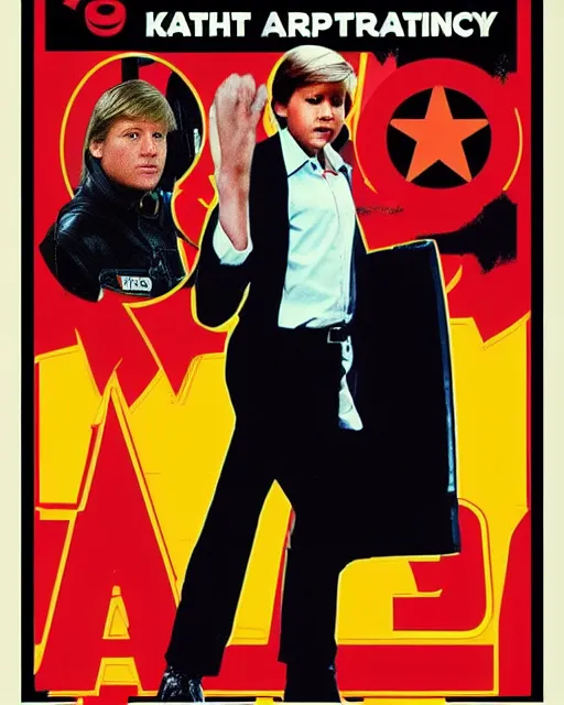 Image similar to 1 9 8 0's movie poster, barron trump is an antifa supersoldier, barron trump, exoskeleton, fan art, dramatic