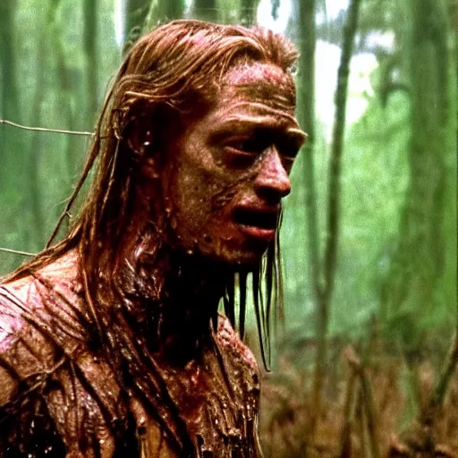 Prompt: cinematic still of macaulay culkin, covered in mud and watching a predator in a swamp in 1 9 8 7 movie predator, hd, 4 k