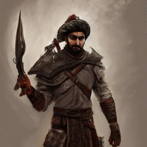 Image similar to kurdish male warrior, highly detailed, digital painting, artstation, concept art, sharp focus, illustration, incredibly strong and handsome