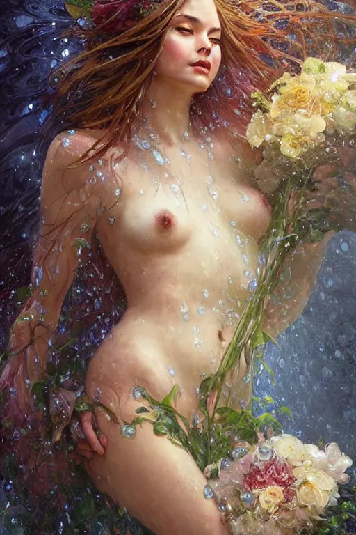 Prompt: portrait of a beautiful woman, holding a bouquet of flowing flowers, drenched body, wet dripping hair, emerging from the water, fantasy, regal, fractal crystal, fractal gems, by stanley artgerm lau, greg rutkowski, thomas kindkade, alphonse mucha, loish, norman rockwell. < < < no nudity > > >