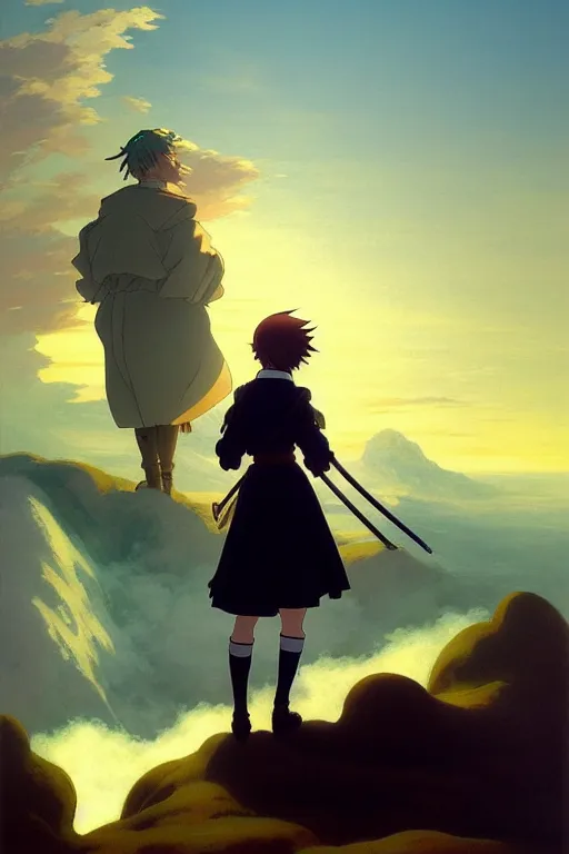 Prompt: anime key visual of wanderer above the sea of fog 1 8 1 8 but figure is anime maid in armor set in grimdark fantasy, in the style of jamie wyeth james gilleard edward hopper greg rutkowski acrylic painting, oil on canvas, preserved museum piece, historical