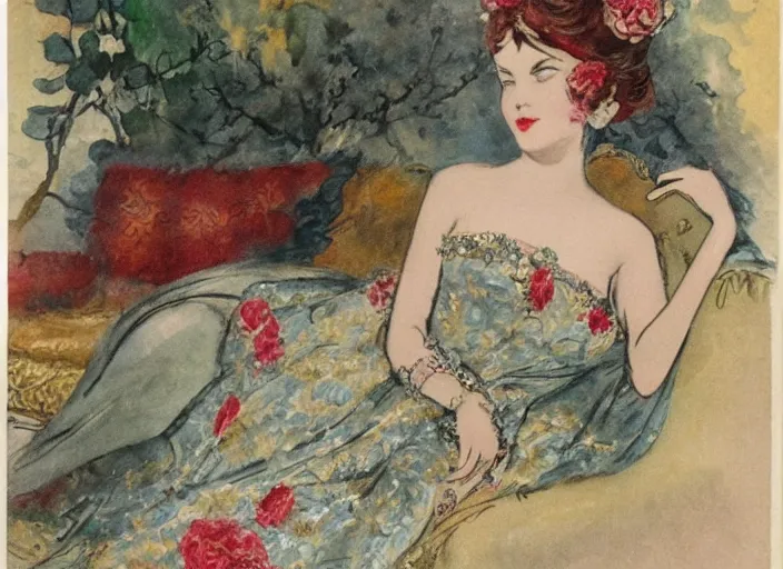 Image similar to Louis Icart, an old elaborate colored drawing of a woman laying eloquently on a sofa, wearing flowing dress with floral motifs, by Louis Icart, highly detailed, masterpiece