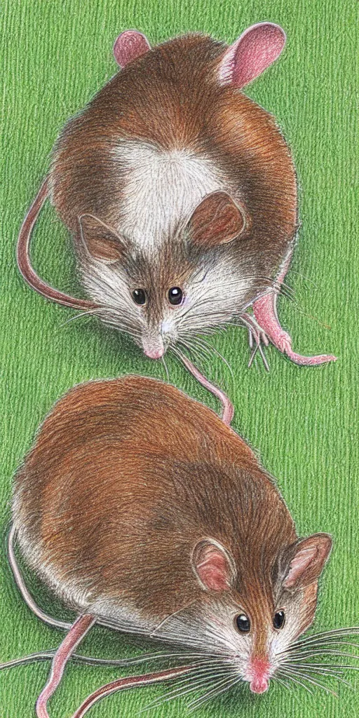 Prompt: She loved the squeak of the mice, who could now crawl out of their holes anywhere in the house to meet in the home kitchen for an evening feast, colored pencil drawing - W 1024