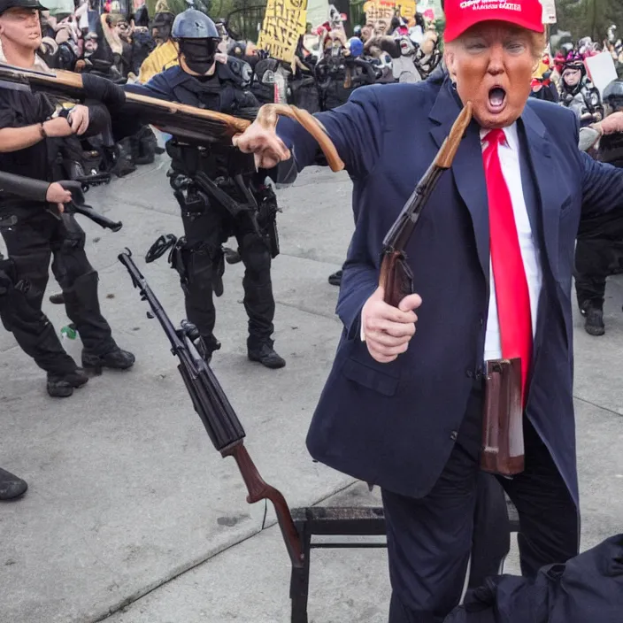 Image similar to a photo of donald trump with a shotgun in a protest