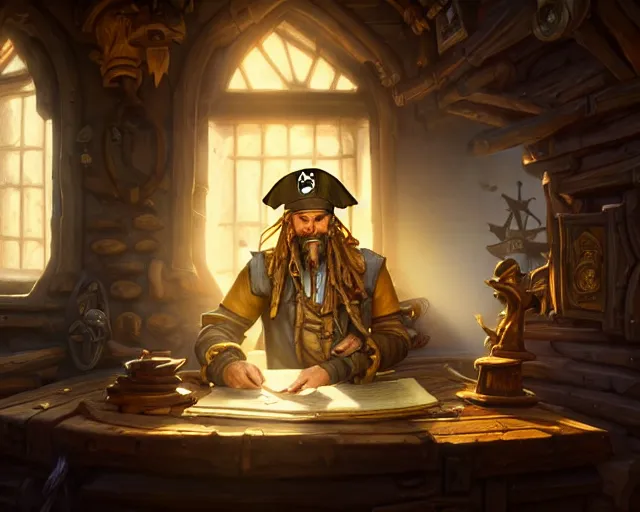 Prompt: an old pirate writing on a treasure map, light coming through window, golden hour, interior, ship, nautical, deep focus, d & d, fantasy, intricate, elegant, highly detailed, digital painting, artstation, concept art, matte, sharp focus, illustration, hearthstone, art by artgerm and greg rutkowski and alphonse mucha