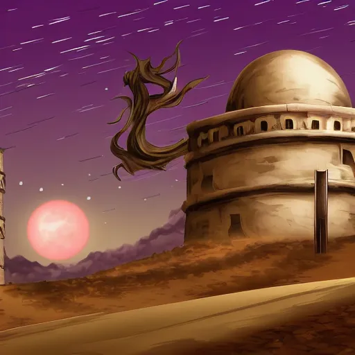 Prompt: Anime style desert at night with monstrous beasts inside it, with a tall white tower in the background, HD,