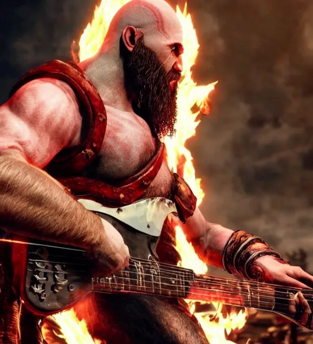 Prompt: kratos shredding on a flaming stratocaster guitar guitar, cinematic render, god of war 2 0 1 8, santa monica studio official media, lightning, stripe over eye