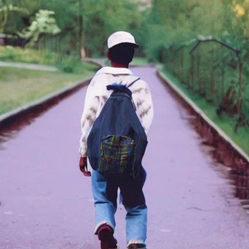 Image similar to realistic photo of a student going to school, in style of Tyler Mitchell, 35mm,